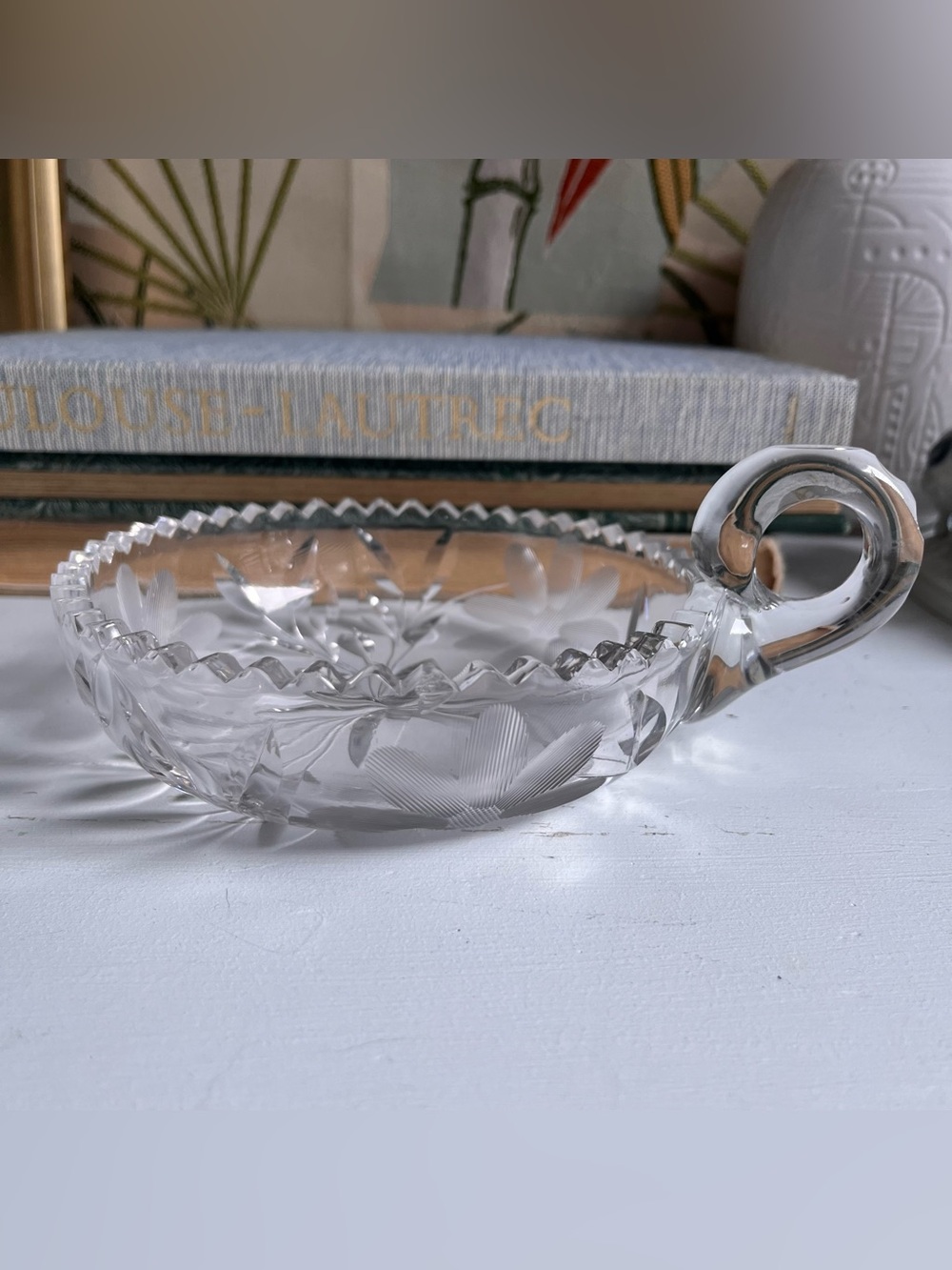 Antique American Brilliant Period ABP cut glass nappy dish with ring handle